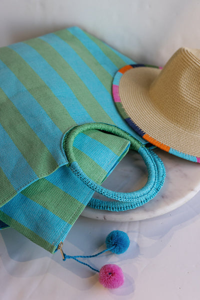 Awning Stripe Tote, Aqua