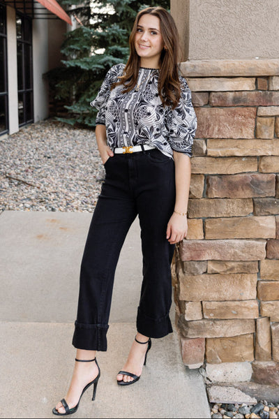 Farm Rio Monochrome Elegance Scarf Print Blouse