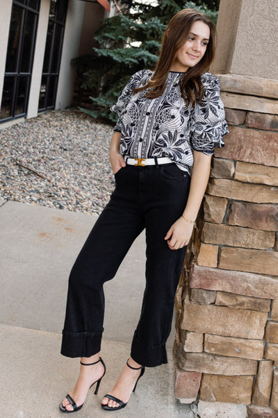 Farm Rio Monochrome Elegance Scarf Print Blouse
