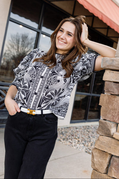 Farm Rio Monochrome Elegance Scarf Print Blouse