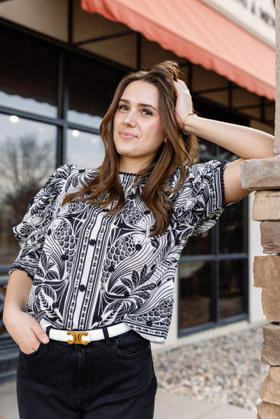 Farm Rio Monochrome Elegance Scarf Print Blouse