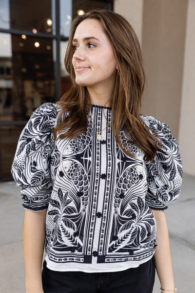 Farm Rio Monochrome Elegance Scarf Print Blouse