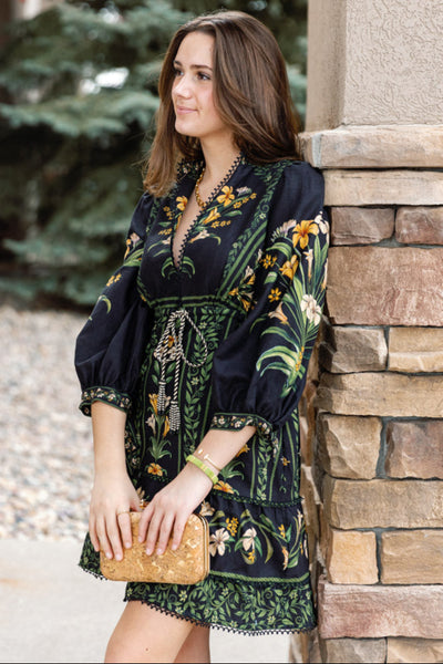 Farm Rio Black Flowers Arch Mini Dress