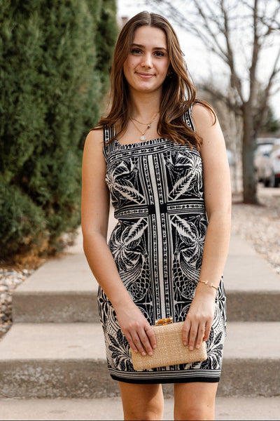 Farm Rio Monochrome Elegance Scarf Print Mini Dress