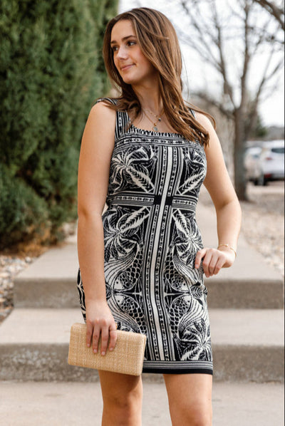 Farm Rio Monochrome Elegance Scarf Print Mini Dress