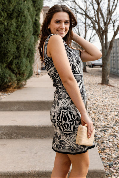 Farm Rio Monochrome Elegance Scarf Print Mini Dress