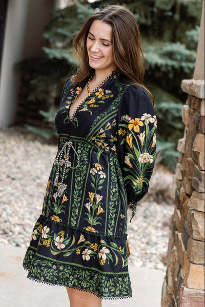 Farm Rio Black Flowers Arch Mini Dress