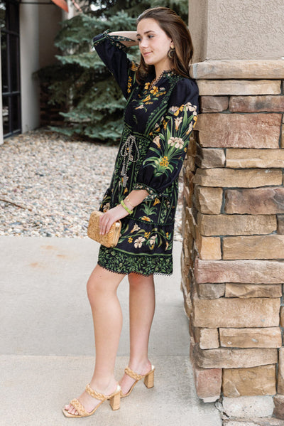 Farm Rio Black Flowers Arch Mini Dress