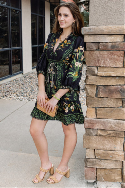 Farm Rio Black Flowers Arch Mini Dress