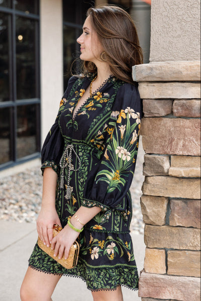 Farm Rio Black Flowers Arch Mini Dress
