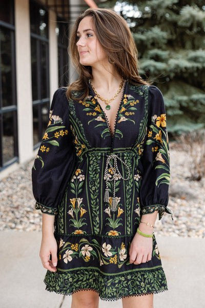 Farm Rio Black Flowers Arch Mini Dress