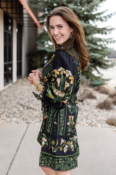 Farm Rio Black Flowers Arch Mini Dress