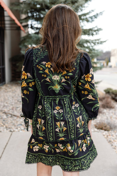 Farm Rio Black Flowers Arch Mini Dress
