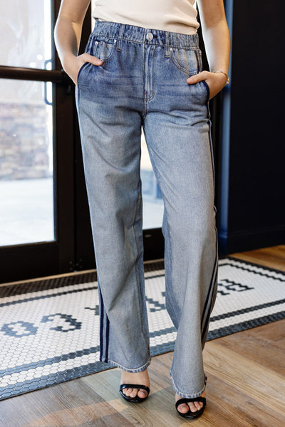 Rag & Bone Miramar Denim-Print Wide-Leg Track Pants