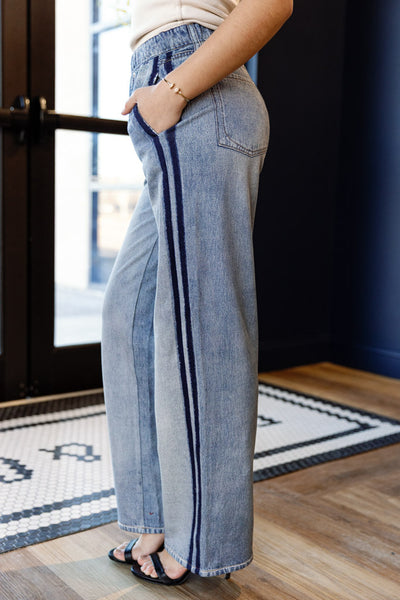 Rag & Bone Miramar Denim-Print Wide-Leg Track Pants