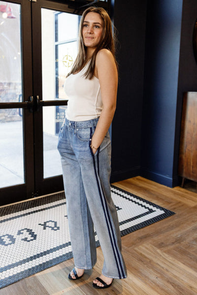 Rag & Bone Miramar Denim-Print Wide-Leg Track Pants