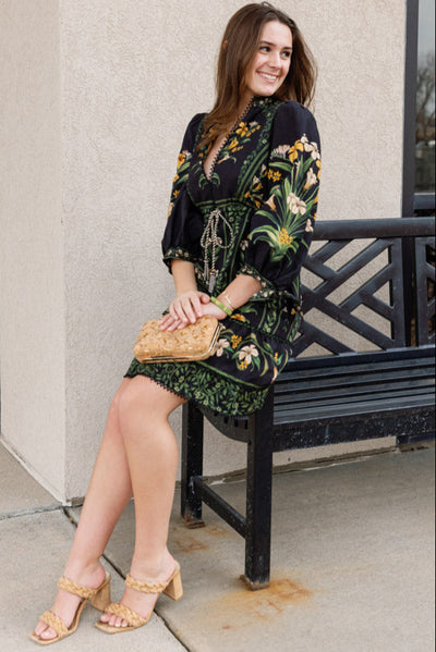 Farm Rio Black Flowers Arch Mini Dress
