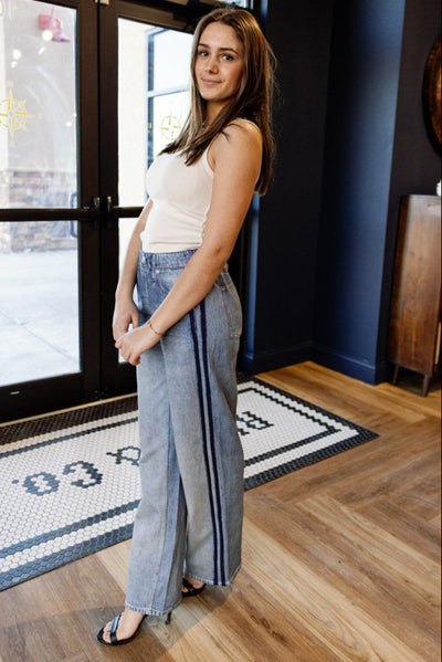 Rag & Bone Miramar Denim-Print Wide-Leg Track Pants