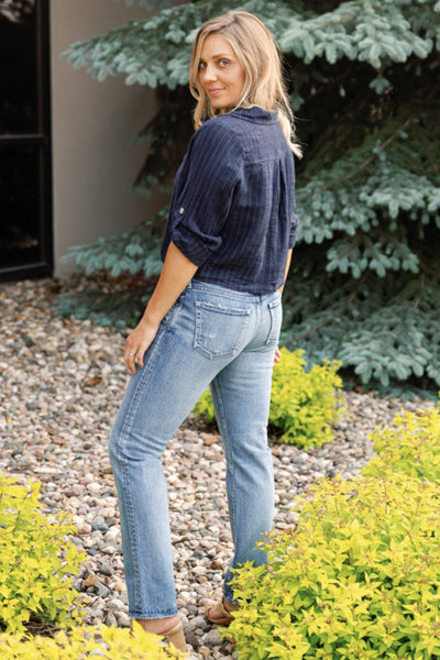 Morgan Linen Pinstripe Tie Front Top