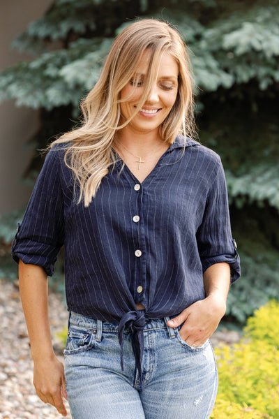 Morgan Linen Pinstripe Tie Front Top