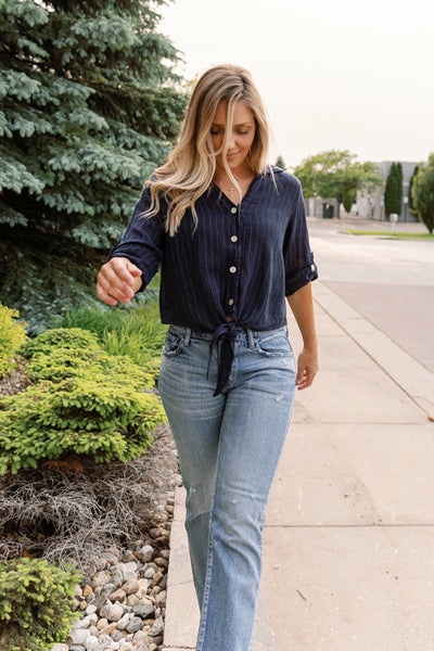Morgan Linen Pinstripe Tie Front Top