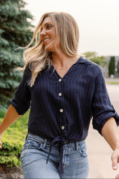 Morgan Linen Pinstripe Tie Front Top