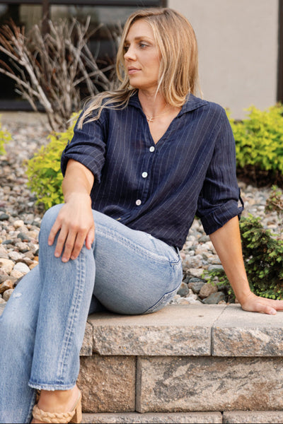 Morgan Linen Pinstripe Tie Front Top