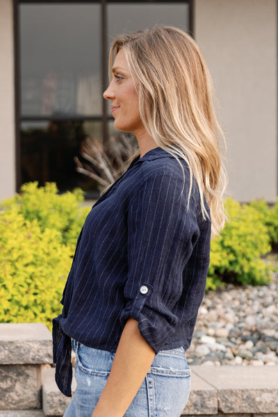 Morgan Linen Pinstripe Tie Front Top