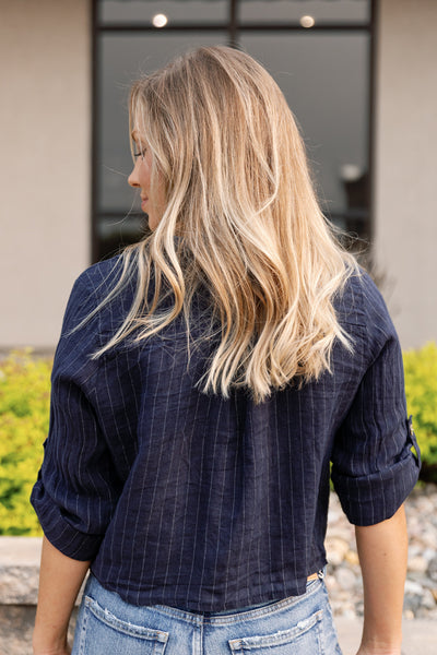 Morgan Linen Pinstripe Tie Front Top