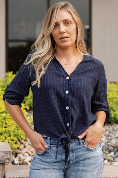 Morgan Linen Pinstripe Tie Front Top