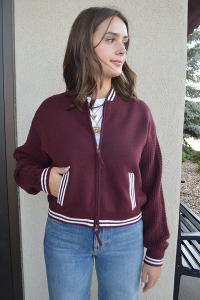 Chelsey Zip Front Sweater Jacket, Burgundy