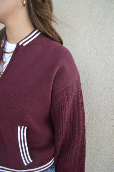 Chelsey Zip Front Sweater Jacket, Burgundy