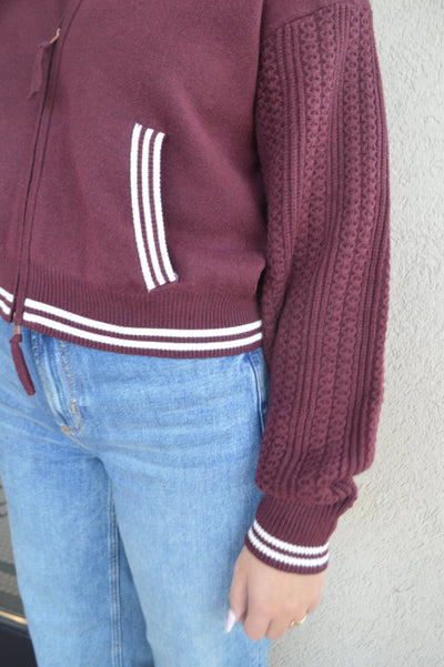 Chelsey Zip Front Sweater Jacket, Burgundy