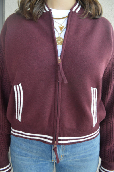 Chelsey Zip Front Sweater Jacket, Burgundy