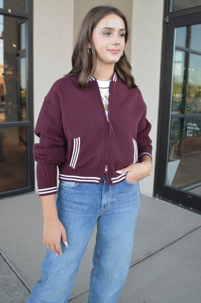 Chelsey Zip Front Sweater Jacket, Burgundy