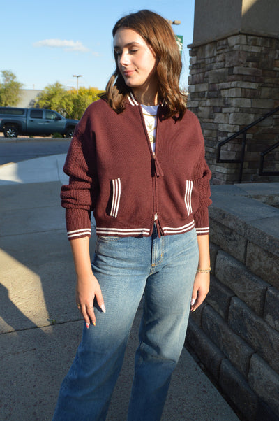 Chelsey Zip Front Sweater Jacket, Burgundy