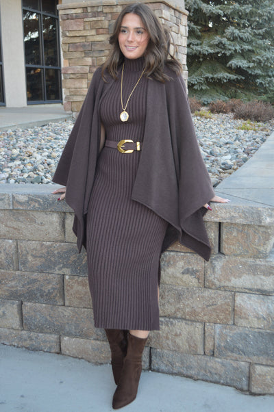 Ariana Ribbed Sweater Dress, Chocolate