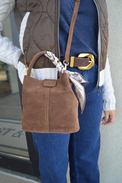 .Gabby Mini Faux Suede Bucket bag, Mocha