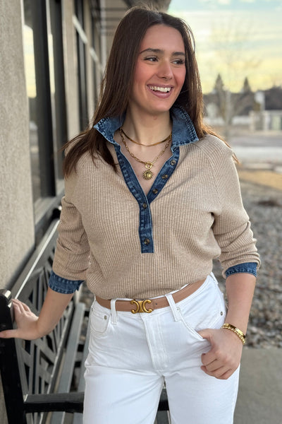 Charley Denim Collar Top, Khaki