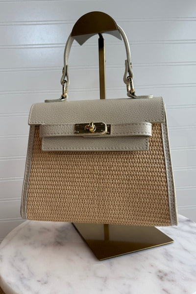 .Gena Woven/Leather Bag, Ivory