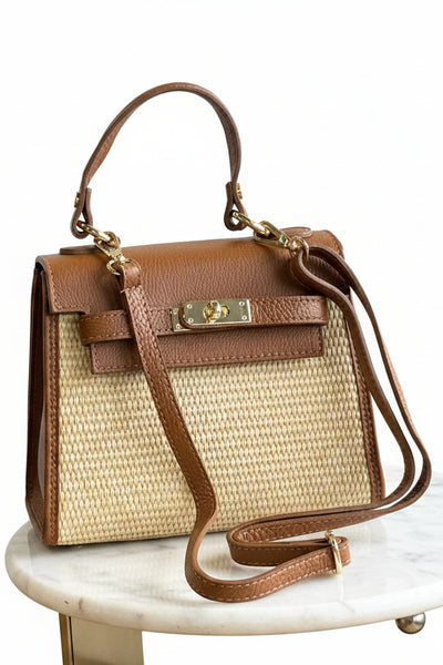 .Gena Woven/Leather Bag, Camel