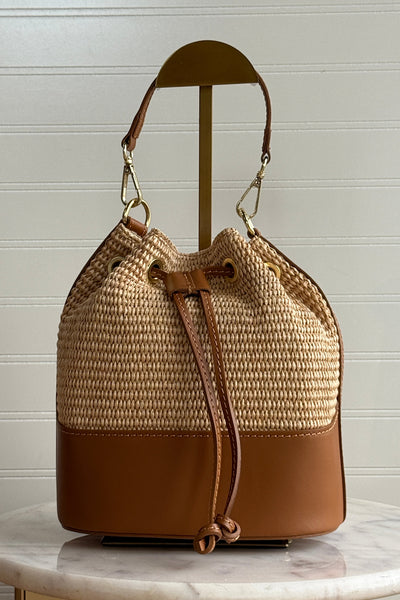 .Sienna Woven/Leather Bucket Bag, Camel