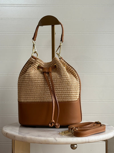 .Sienna Woven/Leather Bucket Bag, Camel