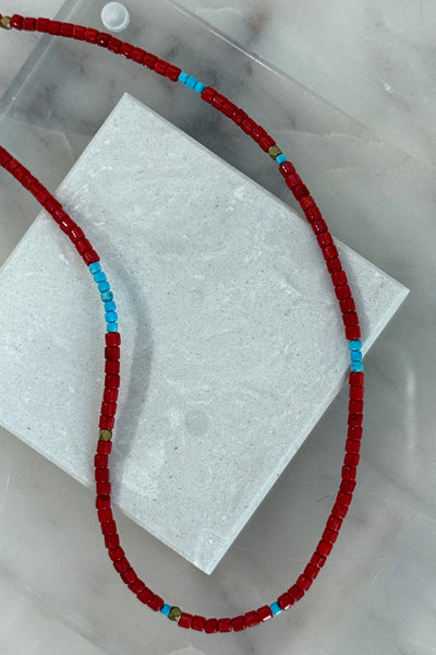 .Beaded Red Bamboo Coral & Turquoise Necklace, 16-18"