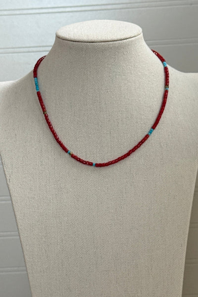 .Beaded Red Bamboo Coral & Turquoise Necklace, 16-18"