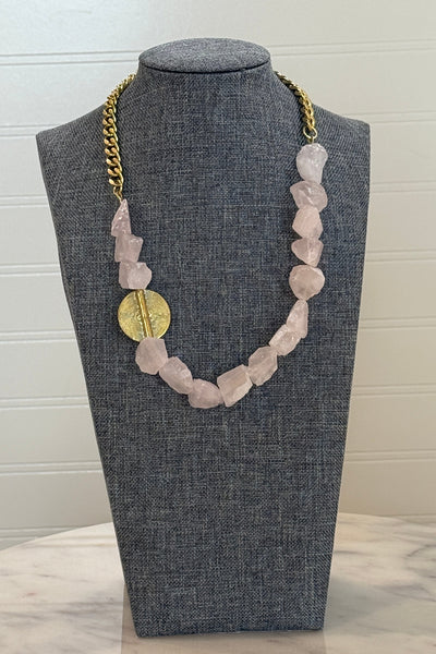.Raw Rose Quartz And Brass Medallion Necklace