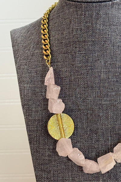 .Raw Rose Quartz And Brass Medallion Necklace