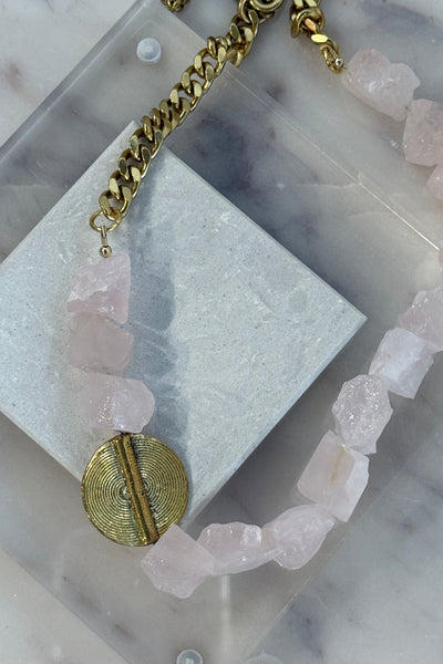 .Raw Rose Quartz And Brass Medallion Necklace