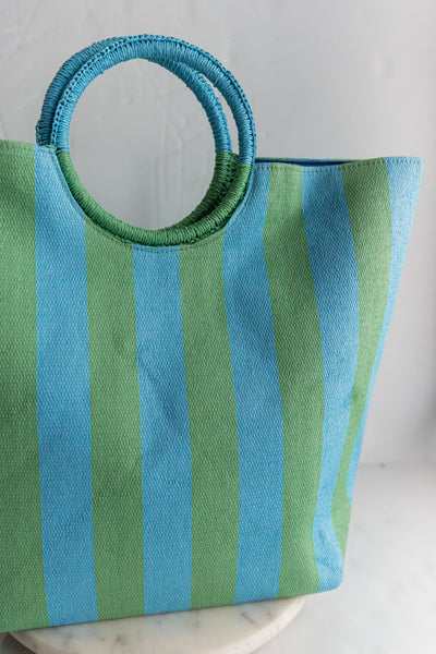 Awning Stripe Tote, Aqua