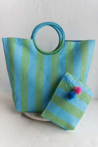 Awning Stripe Tote, Aqua